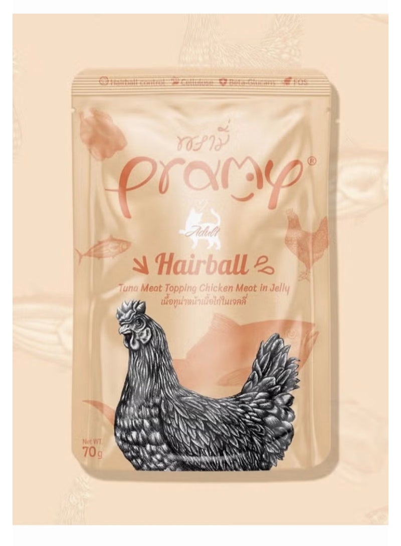 Pramy Wet food for adult cats with tuna and chicken flavor - 6 packs x 70 g - Helps control hair rollers thanks to natural fiber and omega-3 - High-protein and easy-digestible wet food - Image 2